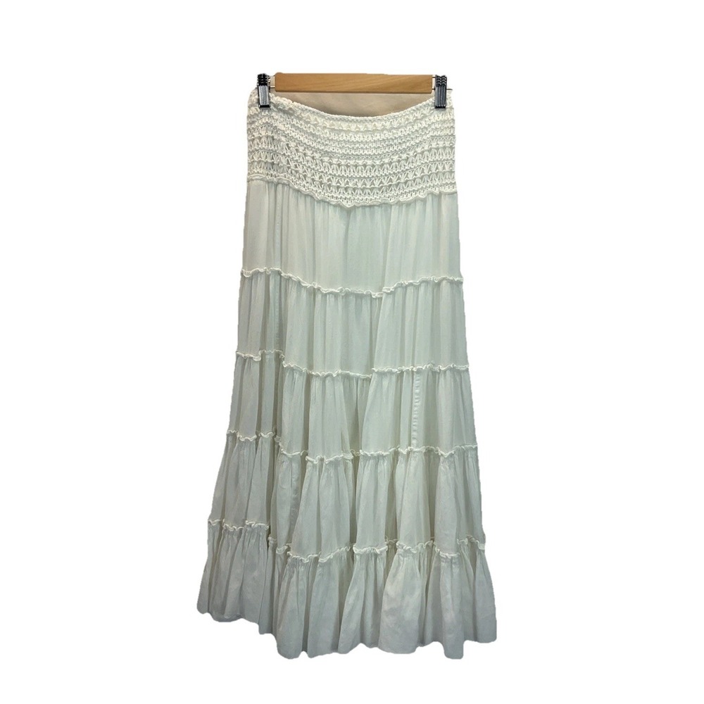 Free‎ People Maxi Skirt Ivory Tiered Gauze Coastal Langenlook Smocked Waist XS - Picture 2 of 12